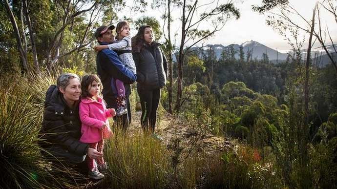 Members of the Tasmanian Aboriginal community looking over forests in the Florentine Valley in southern Tasmania.