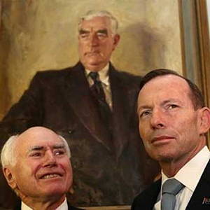 Liberal Prime Ministers, Robert Menzies painting, John Howard left and Tony Abbott.