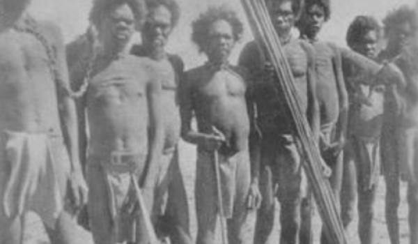 1901. Prisoners captured by police at 2/​6 per head. Line of Aboriginal men chained together at the neck. (State Library of WA)