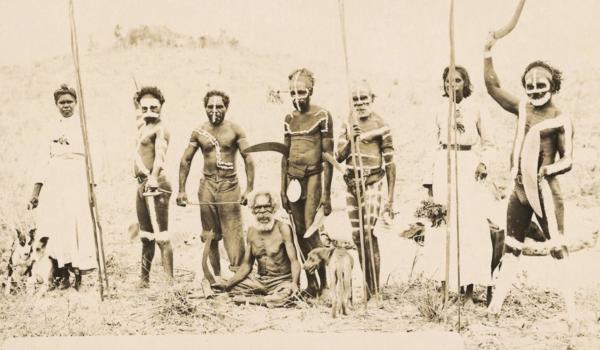Kimberley or North West region of Western Australia about 1900, showing the traditional dress and weapons of Aboriginal warriors -  Restored and enhanced by IDIDJ Australia