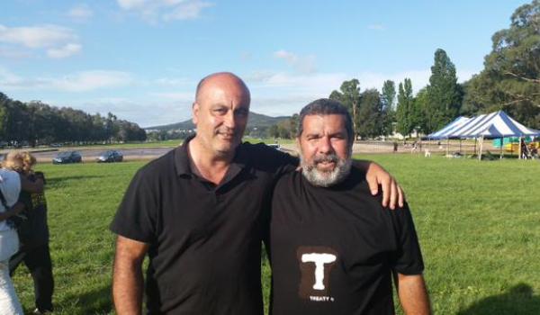 Gerry Georgatos catching up with Yidinji advocate at Aboriginal Tent Embassy