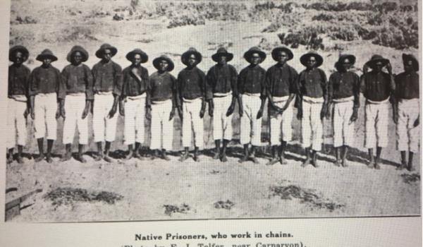 Native prisoners who work in chains near Carnarvon. Published 1939 "The First 10 years of the United Aborigines Mission 'UAM"