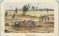 Bulla Queensland 1861 conflict Settlers under attack from Aboriginal tribe. watercolour by W.O Hodgkinson (National Library of Australia)